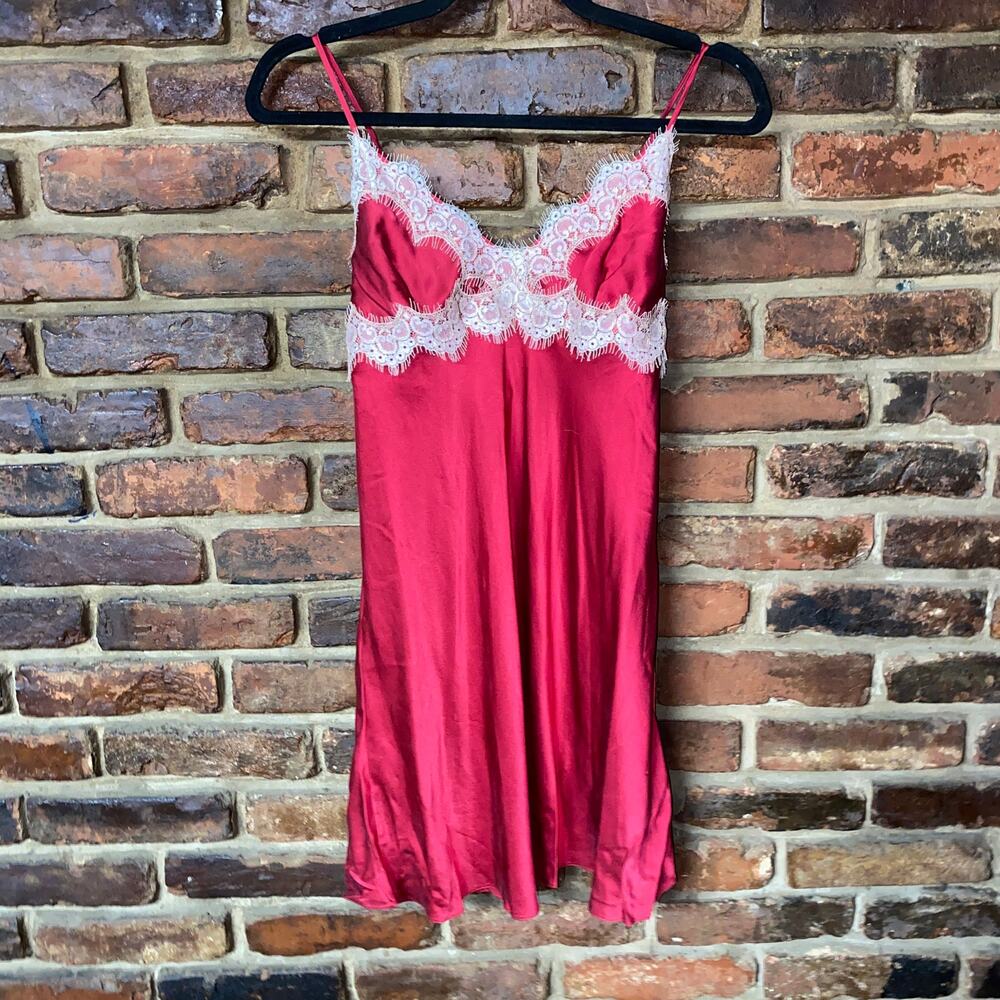 Flora Nikrooz Collection Vintage Red Silk Satin Lace Trim Slip Dress Size Medium